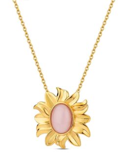 Collar de acero chapado en oro con forma de girasol y piedra rosa