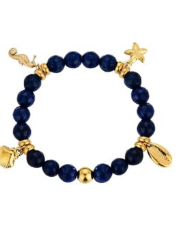 Pulsera elástica de acero con piedras lapislázuli y abalorios chapados en oro de Rocío Martín