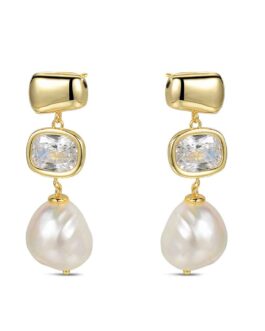 Pendiente de plata largo en plata chapada con circonita y perla de Lucía Martín