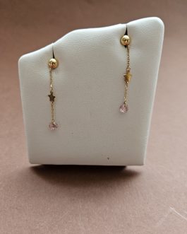 Pendientes largos en oro con estrella y circonita rosa